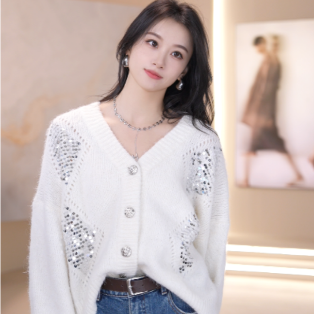 vco/微酷毛针织衫长袖设计师女秋冬提花女装法式蕾丝针织开衫