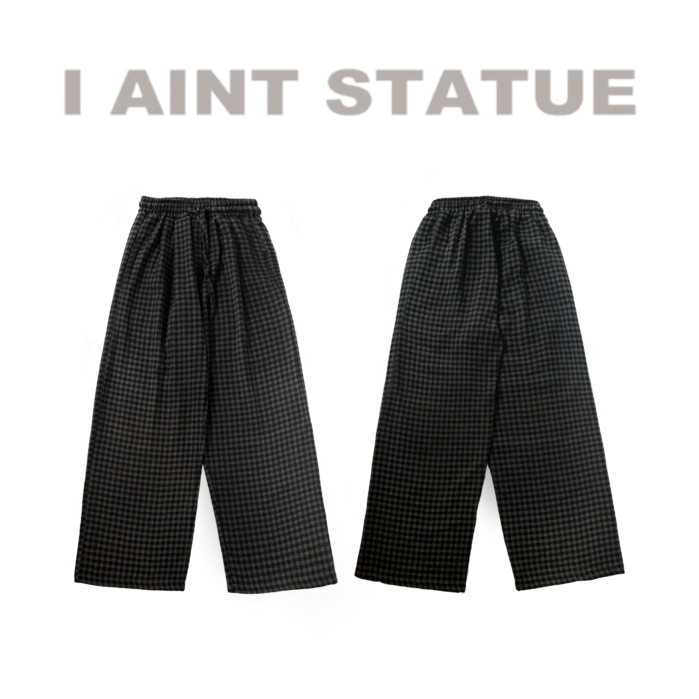 I AINT STATUE黑灰复古格纹松紧腰高腰休闲阔腿裤