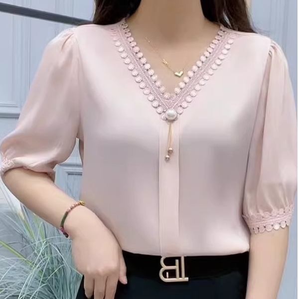 夏季新款衬衫时尚V领百搭显瘦气质蕾丝拼接短袖衬衣洋气衬衫上衣