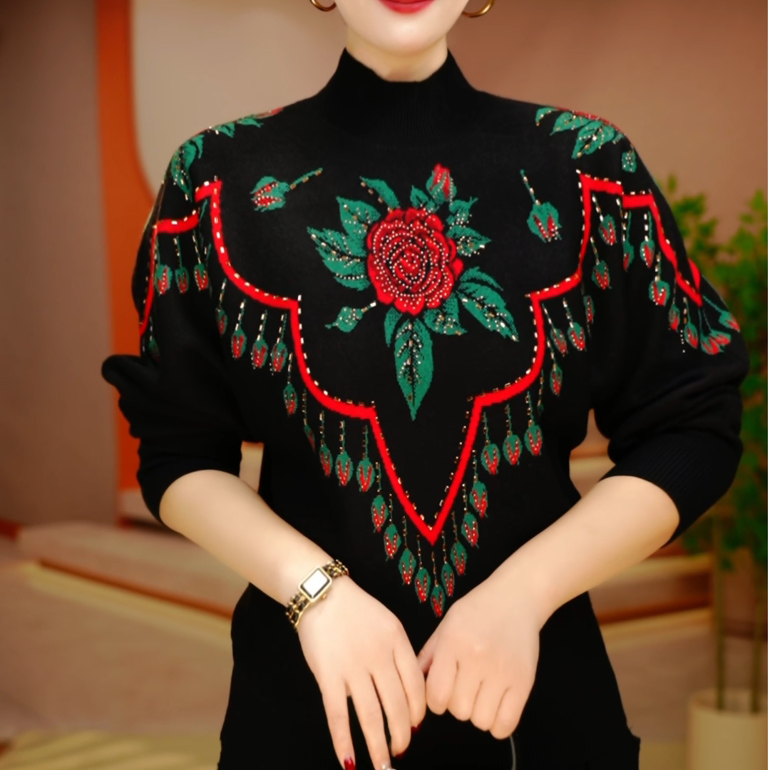秋冬新款百搭显瘦减龄舒适透气女针织提花圆领衫上衣-A251206