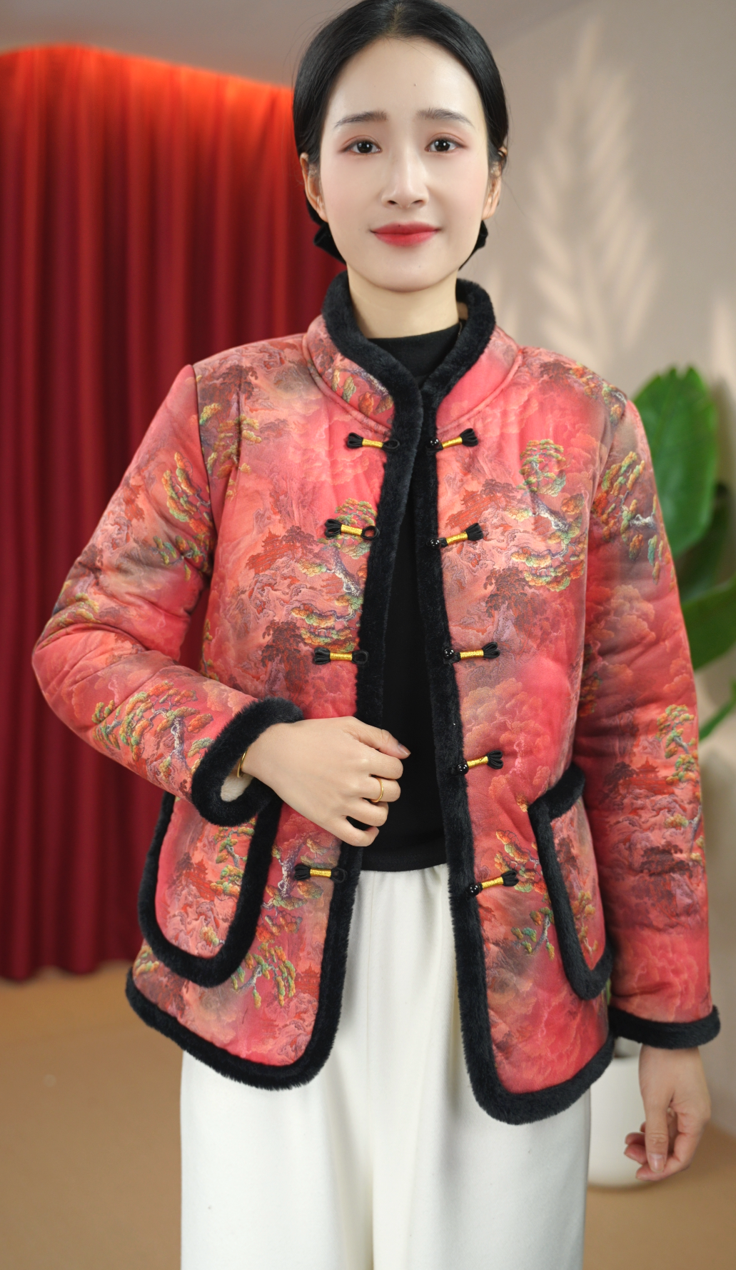 2025冬季新款加绒加厚带毛边棉衣加厚妈妈装上衣厚外套红色山水画