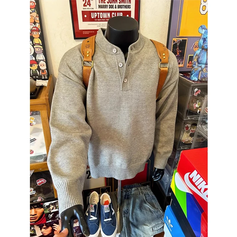 灰色复古亨利领毛衣男款冬季高级感美式慵懒风cleanfit内搭针织衫