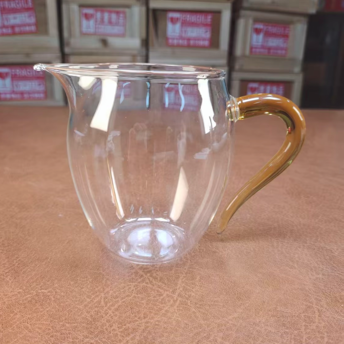 玲珑玻璃公道杯（琥珀色）黄把-3274