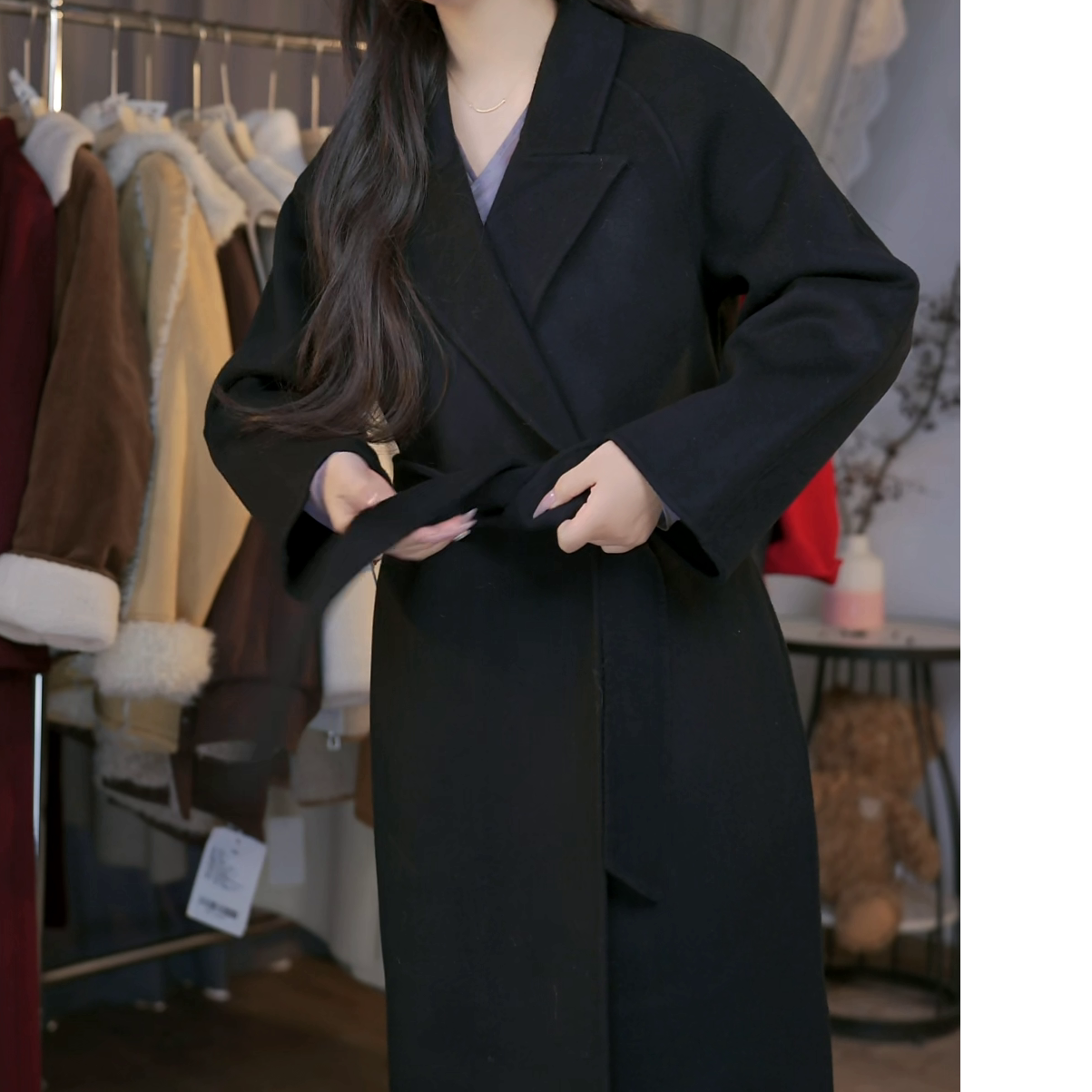 088显瘦气质秋冬长款毛呢外套韩系温柔呢大衣设计师女装黑色休闲