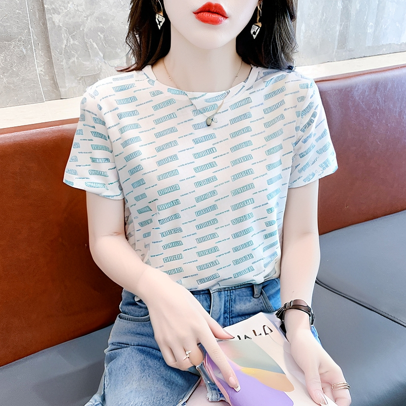 宽松字母印花薄款百搭短袖T恤女圆领遮肚显瘦洋气潮流夏季上衣
