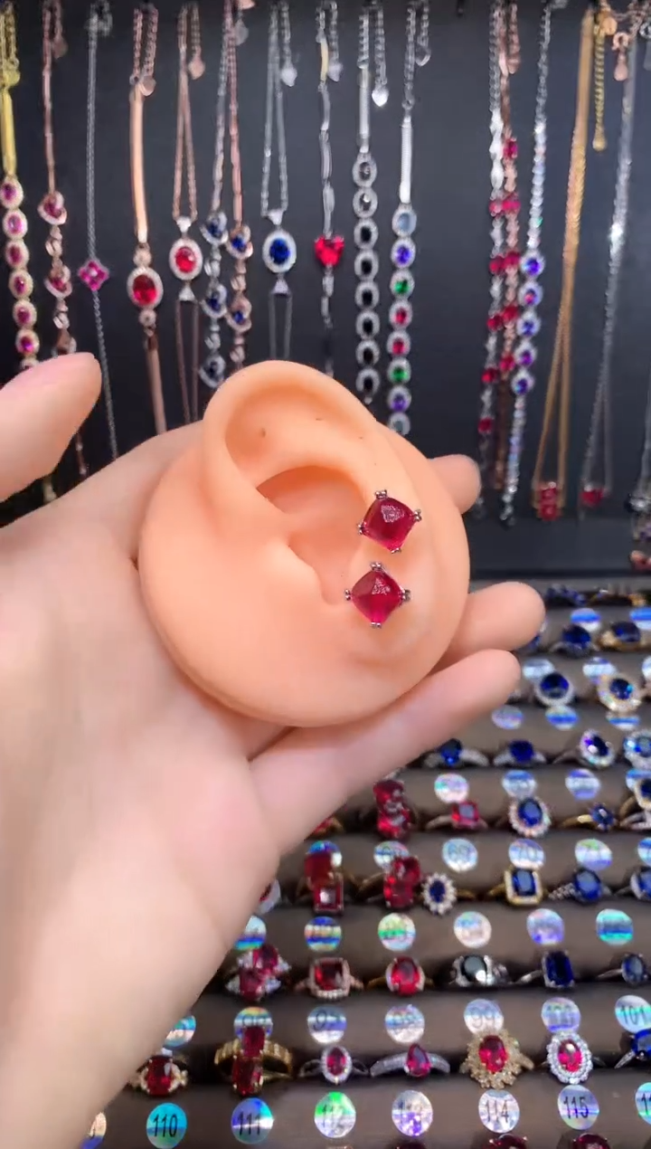 耳饰银S925镶嵌红宝石银色方8