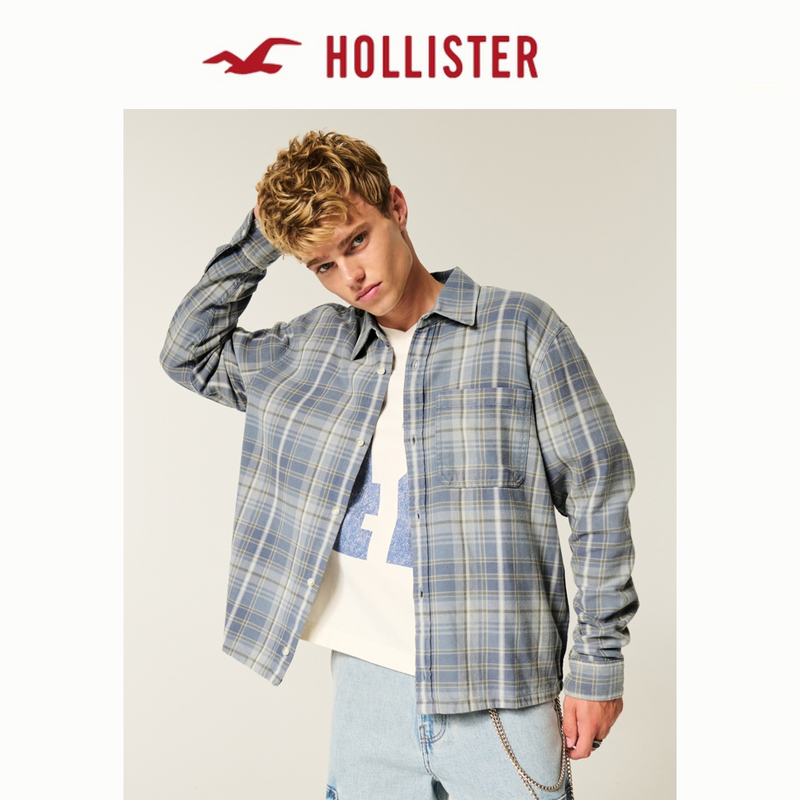 Hollister25秋季新款美式法兰绒宽松格子长袖衬衫男装325-5194