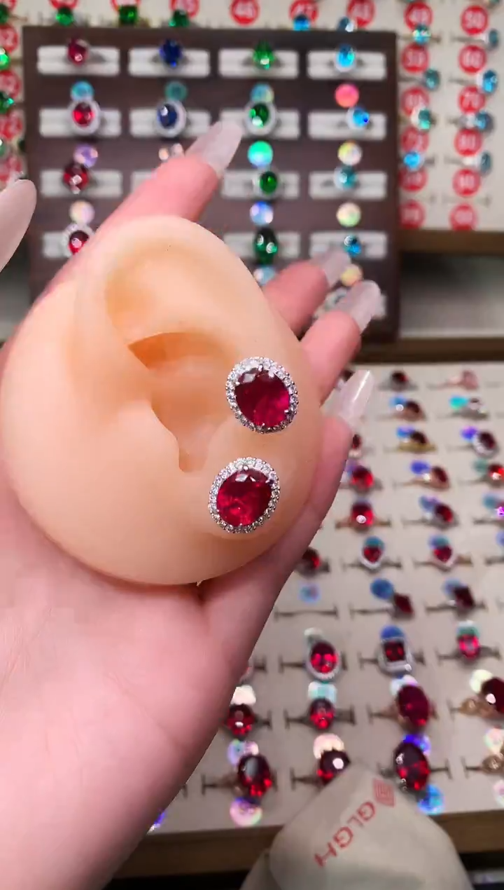 银S925镶嵌耳饰红宝石8*10 银托