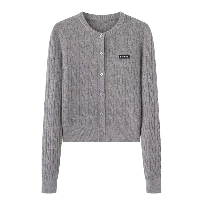 艾家商场同款2025冬新款圆领复古绞花针织开衫百搭灰色毛衣804149