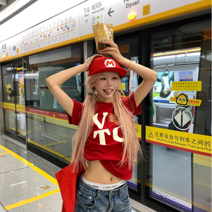 2025春夏季美式爱心字母印花短袖T恤男女宽松百搭打底衫红色短t女
