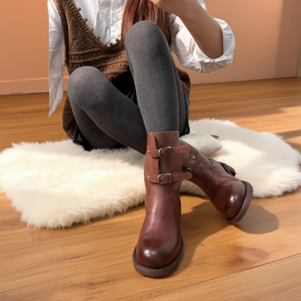 88036水洗马皮加绒保暖马丁靴2025新款秋冬双排扣靴子复古女短靴