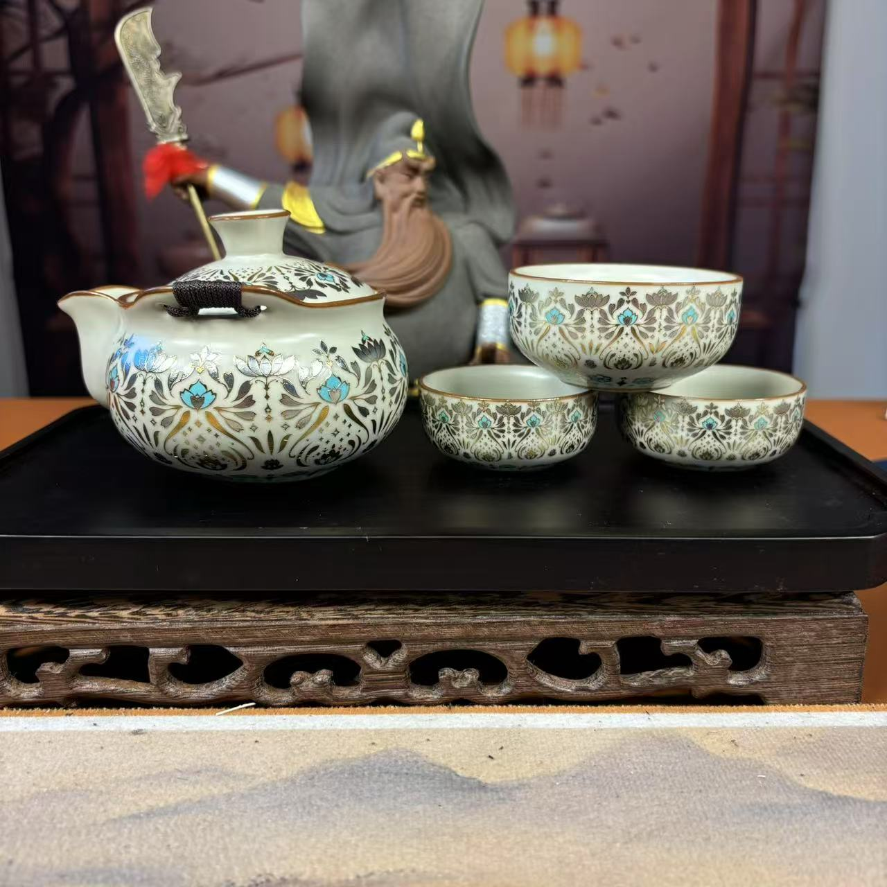 金枝玉叶宝相花手抓宝瓶主人杯带两客杯配茶盘A112