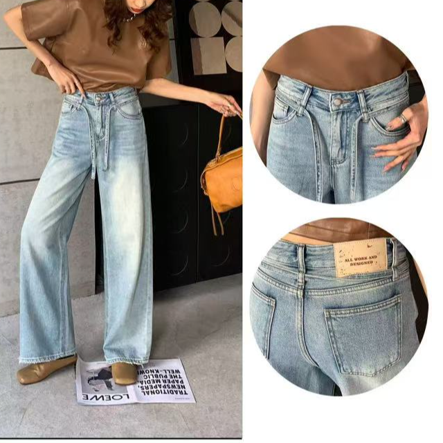 女复古港风系带阔腿裤夏季高街辣妹百搭高腰牛仔裤H6888