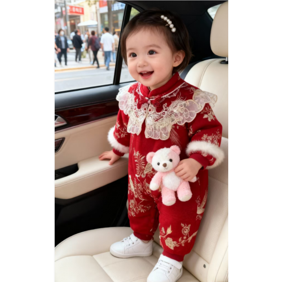 【红韵仙童】冬季女宝新款国风刺绣加绒连体衣喜庆拜年服满月礼爬服