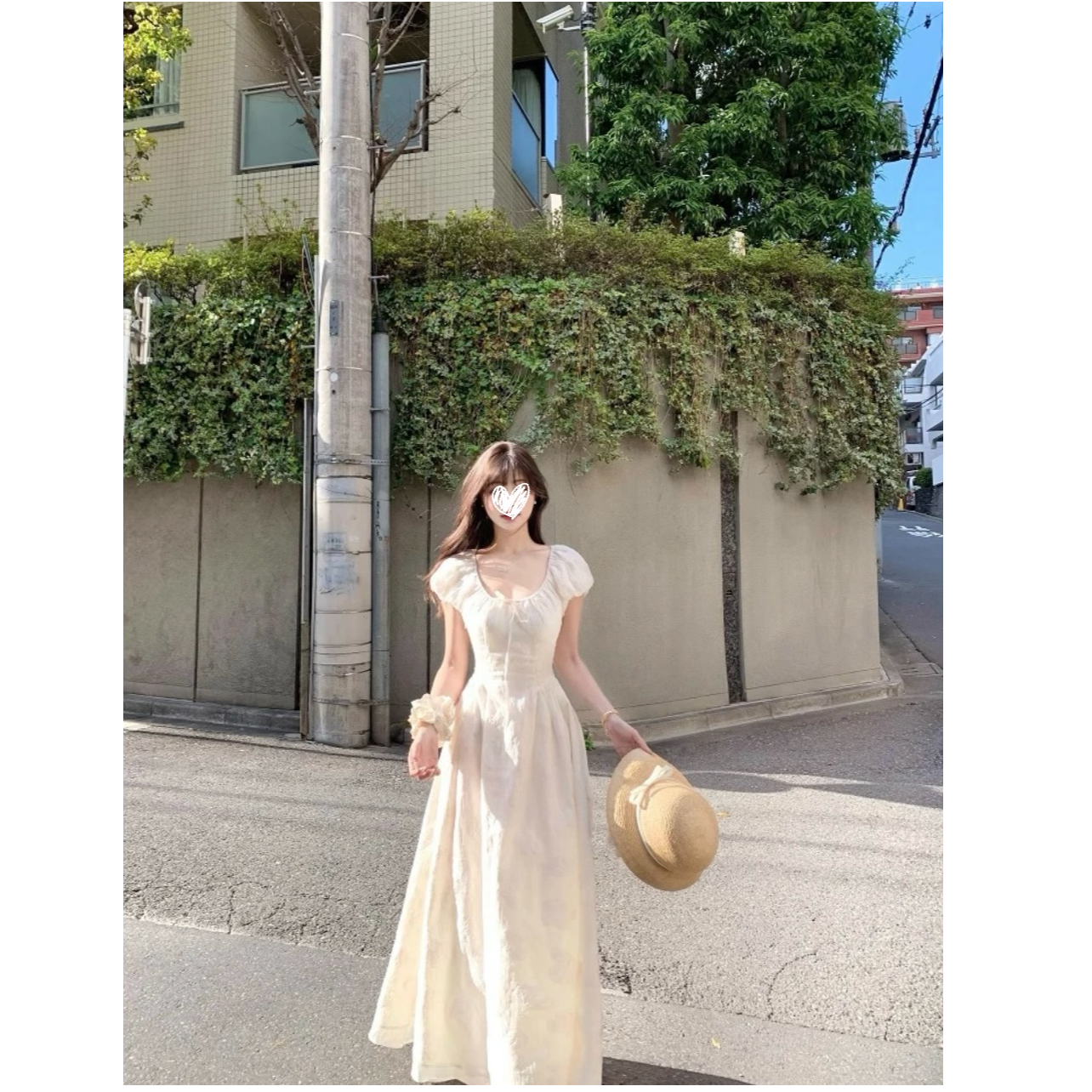 【丁香茉莉】法式气质泡泡袖收腰方领连衣裙女初恋A字裙长裙子21210