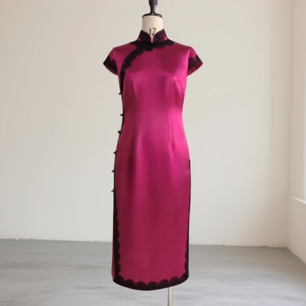 格格玫红色女士优雅气质醋酸缎中长款旗袍中国风中式G71ES320017