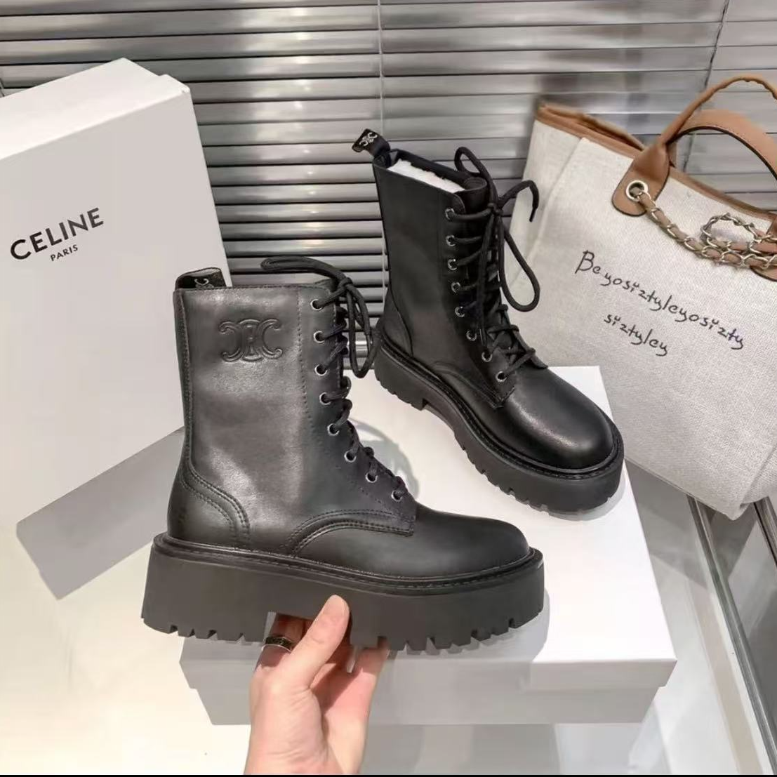 99新 Celine/思琳 琳黑色厚底短靴38