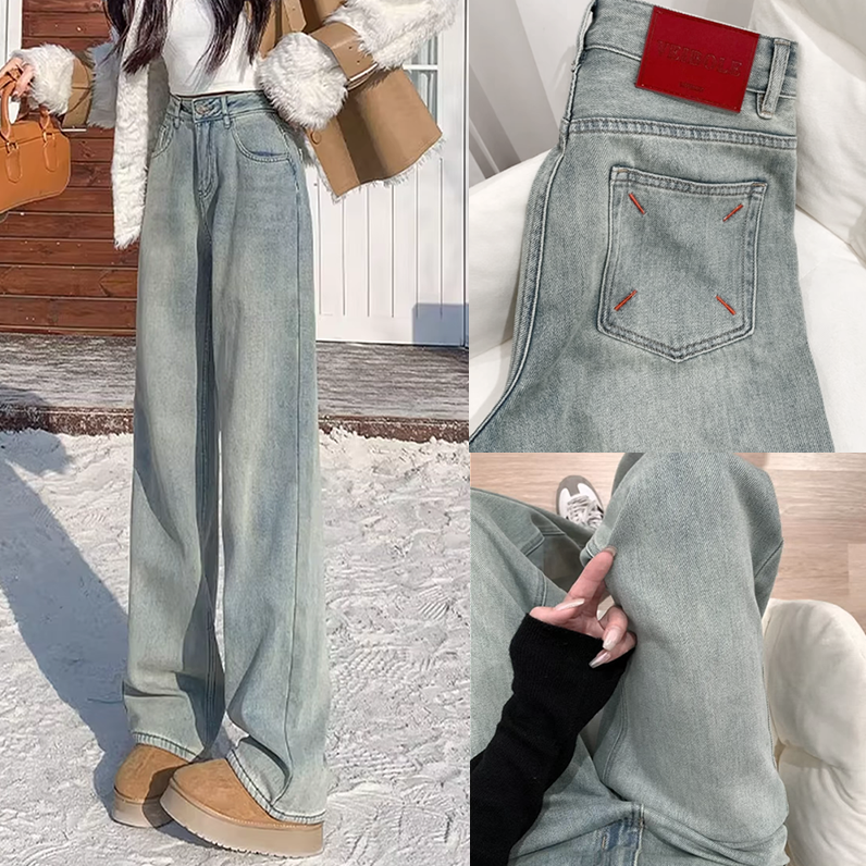 B3069冬季新款韩系百搭时尚休闲设计感宽松加绒阔腿直筒牛仔裤