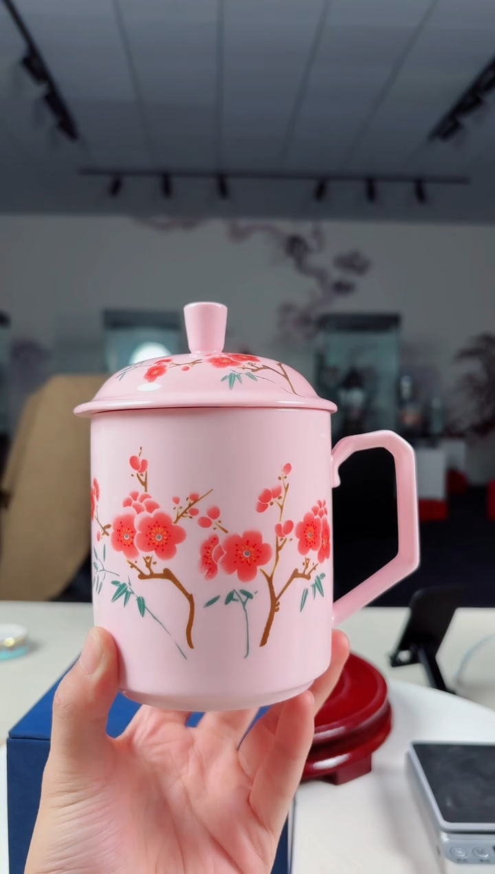 杯子陶瓷红稀翠竹红梅办公杯+礼盒