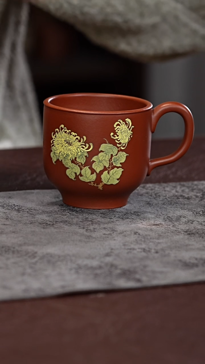 茶杯紫泥朱泥菊花把手