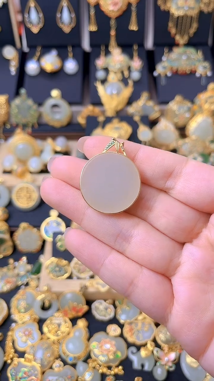 颈饰银S925镀金镶嵌和田玉竹节无事圆牌吊坠