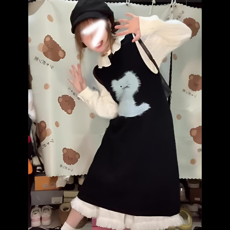 手绘卡通猫咪针织马甲背心裙连衣裙小个子甜美可爱秋冬无袖毛衣裙