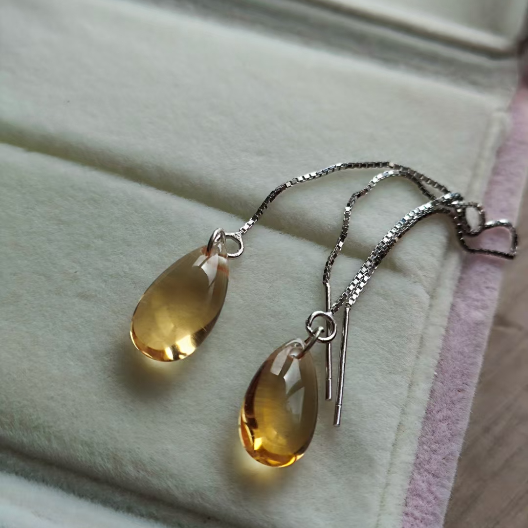 巴西黄水晶水滴耳线925银