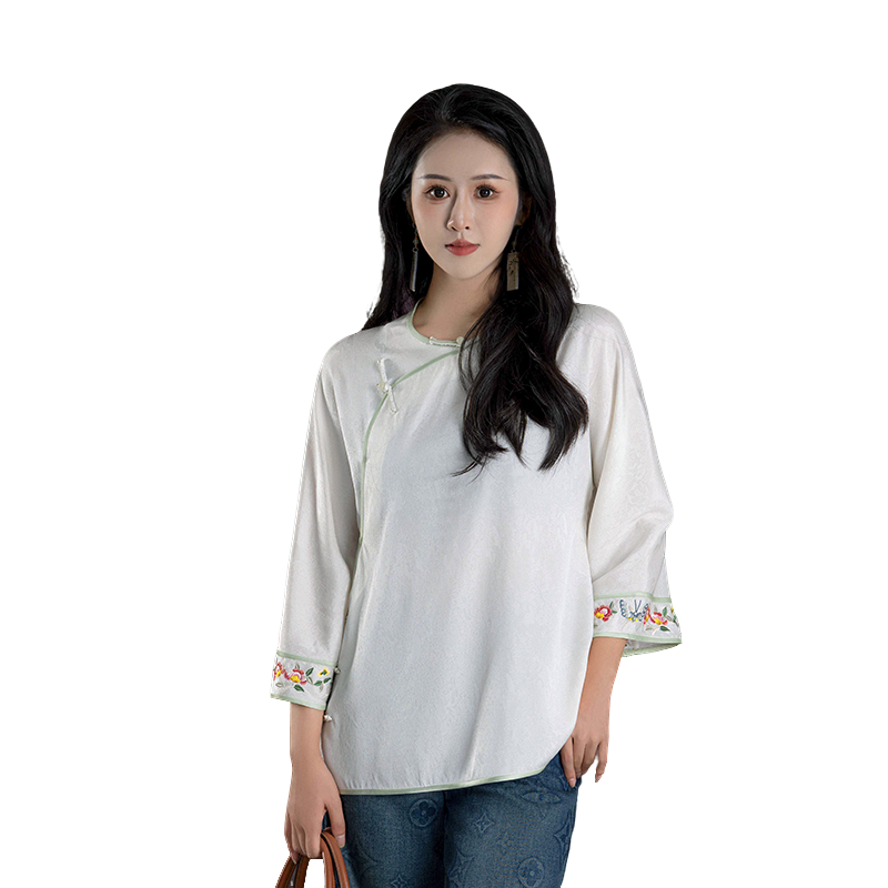 （欣笑）刺绣拼接斜襟时尚长袖日常文艺中国风圆领上衣50680