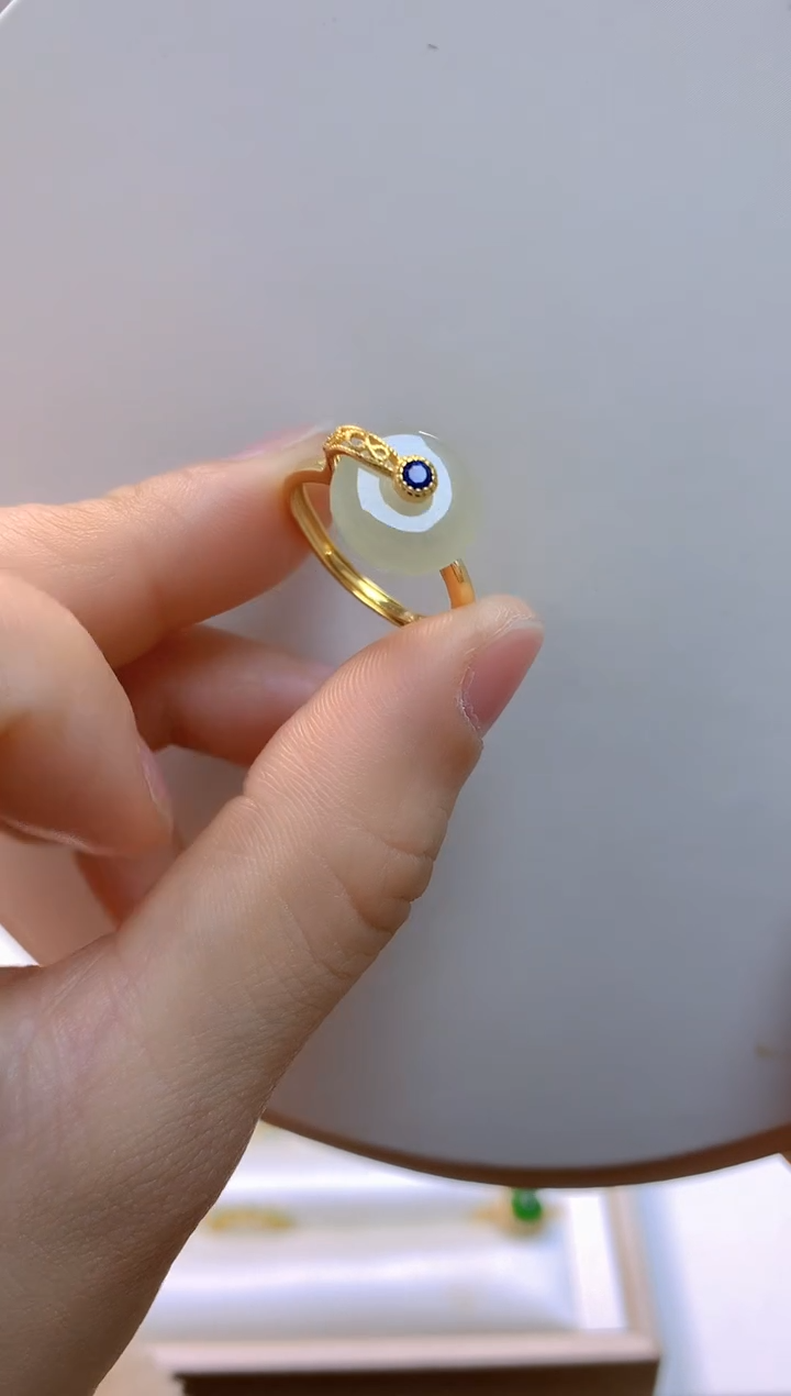 【闪购商品】和田玉戒指银S925镀金镶嵌石来运转戒指