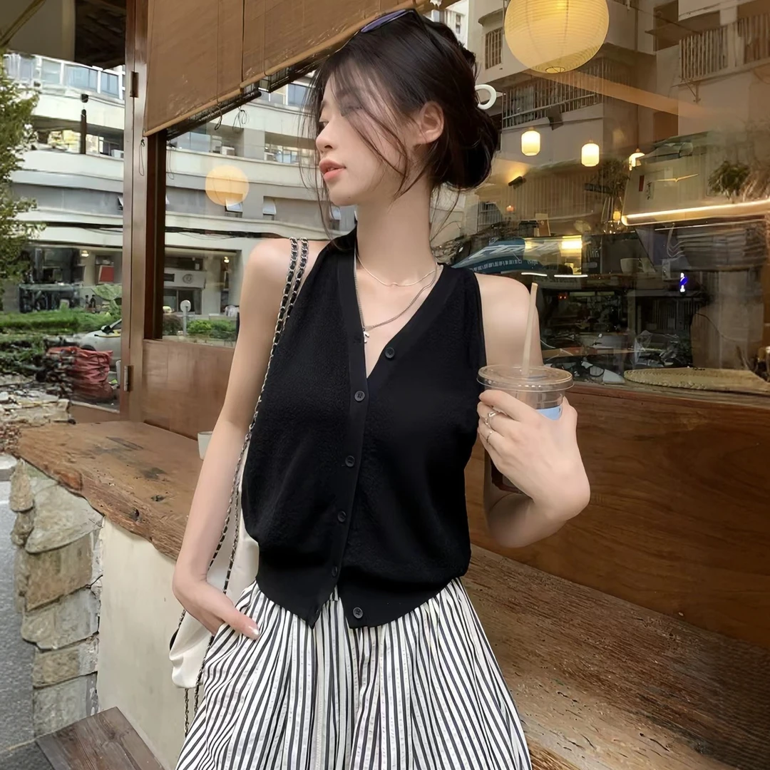 辣妹无袖背心开衫女夏季外穿V领针织小外套百搭经典纯色打底衫女