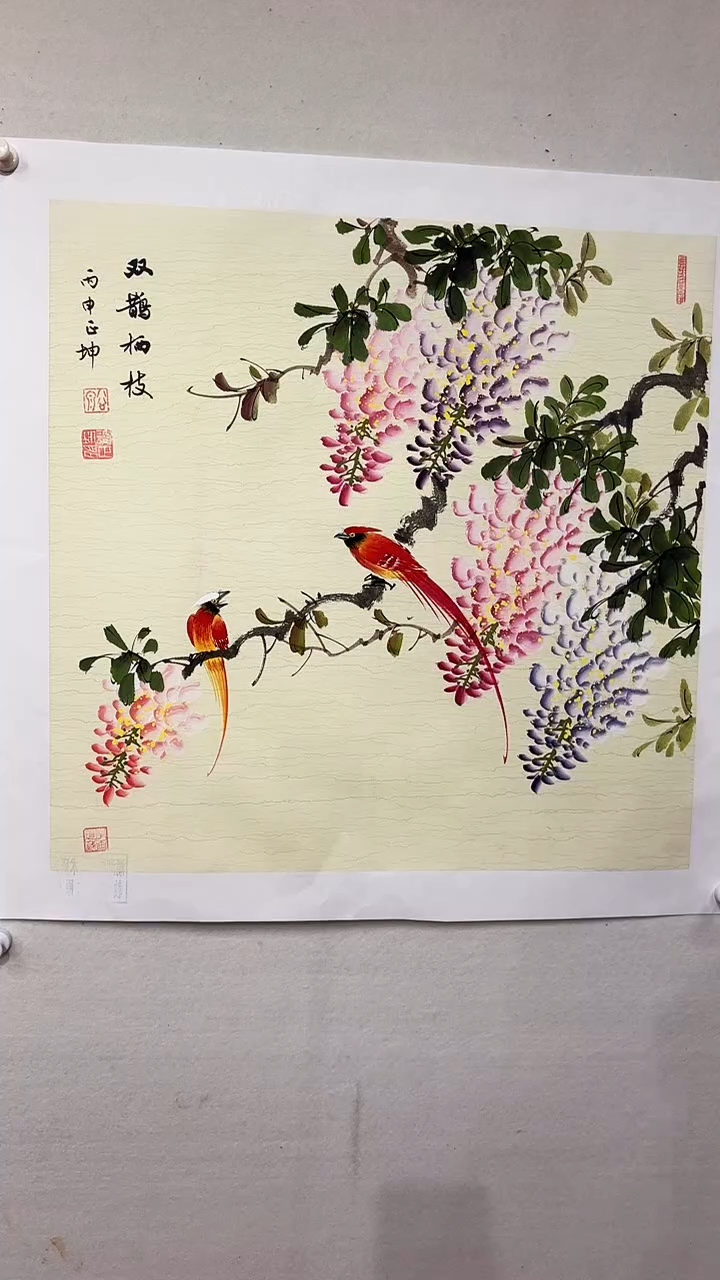 国画双鹊栖枝/4尺斗方托底/谭正坤