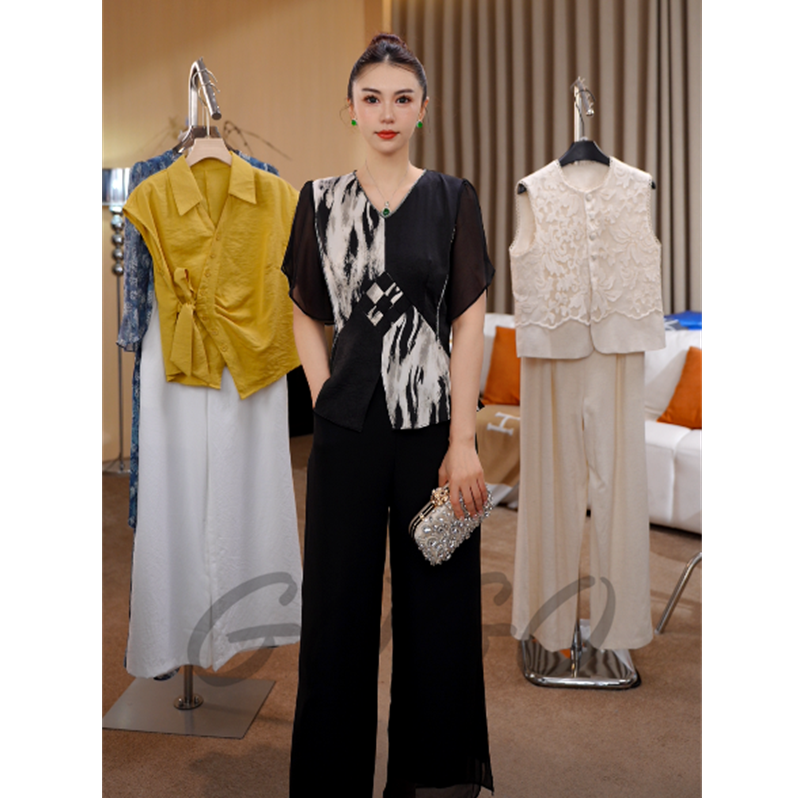 G6319时尚气质阔太太上衣裤子两件套2025夏季新款显瘦套装女