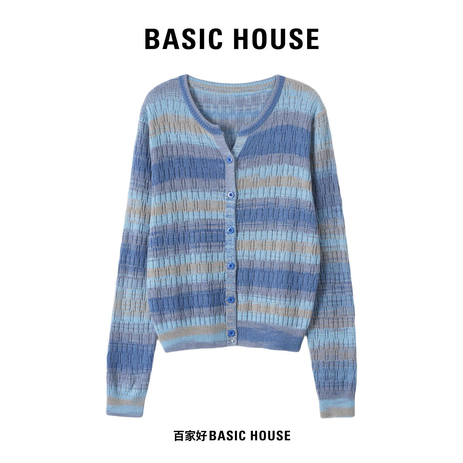 Basic House/百家好2025秋开衫女长袖剪刀领撞色毛针织衫H522 MM