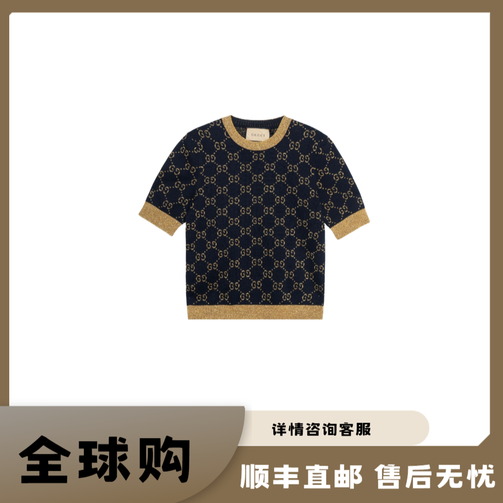 gucci gucci/古驰GG棉质金银丝线短袖 常规T恤 藏青色 