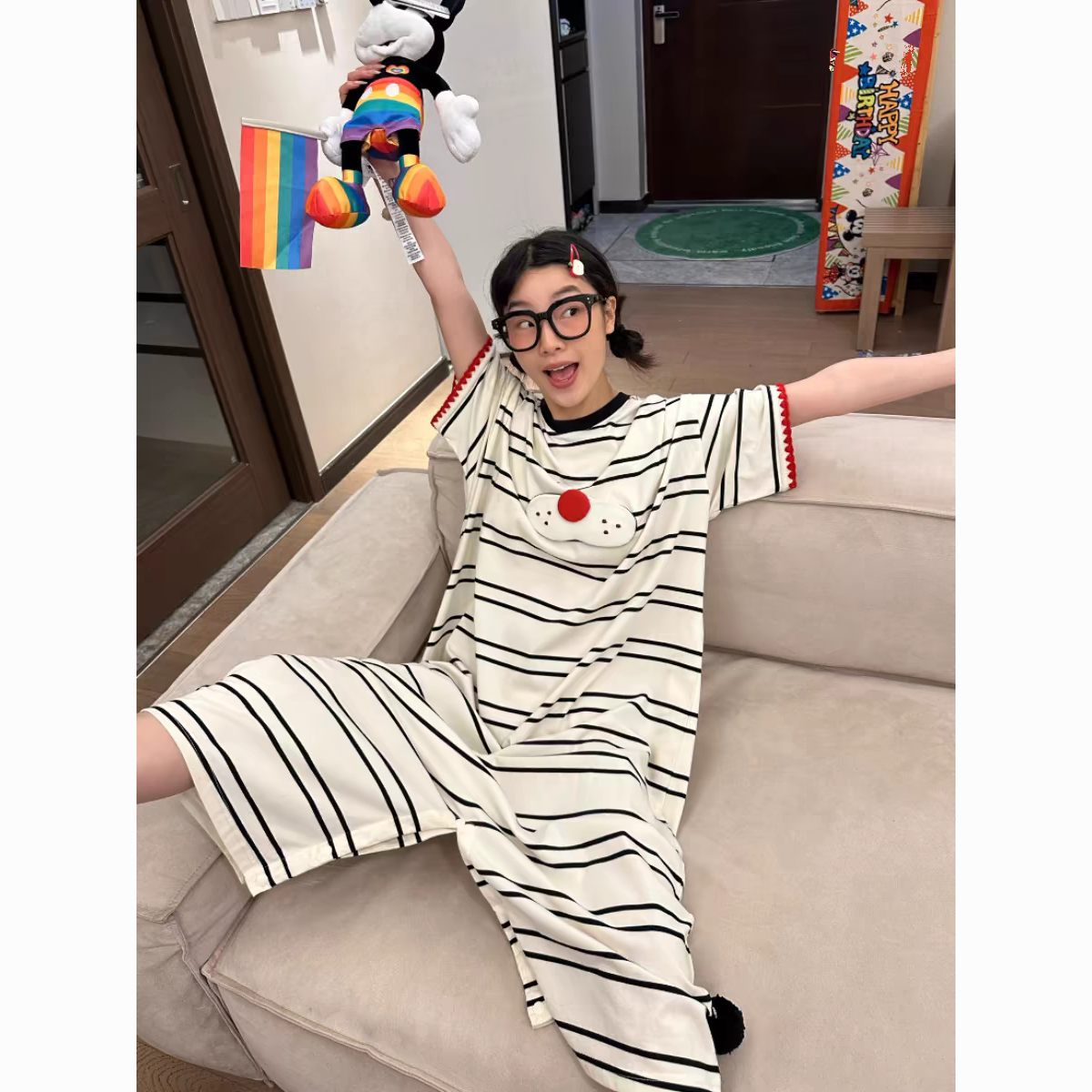 带胸垫条纹连体睡衣睡裙宽松大码甜美可爱风春秋季可外穿家居服