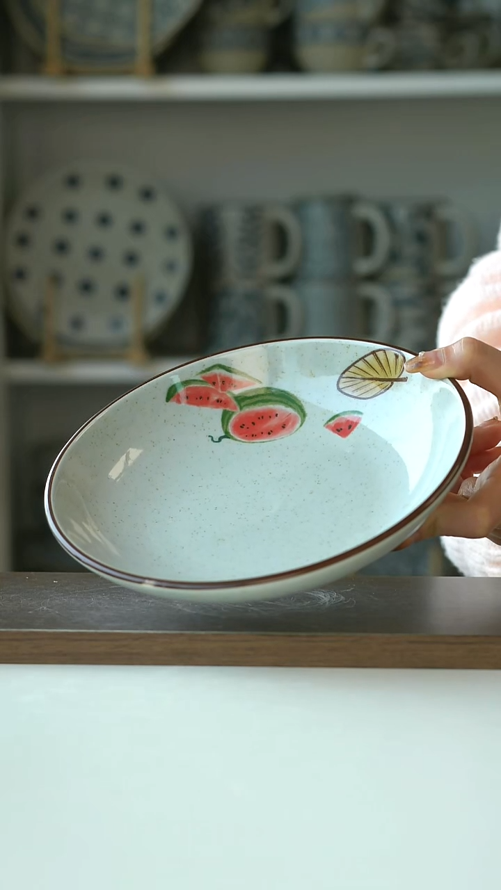陶中式复古蒲扇西瓜主菜深盘19.5cm@4-2@微瑕