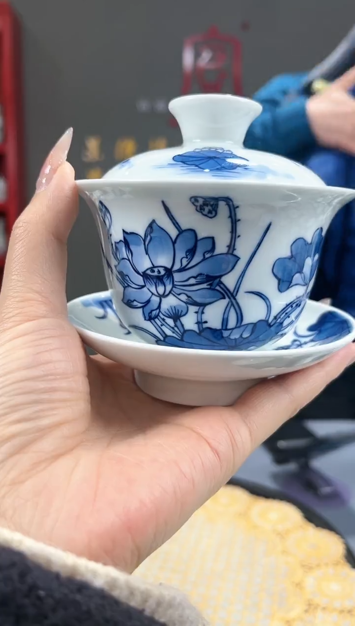 【闪购商品】官窑瓷画院302官窑瓷画院荷花三才盖碗