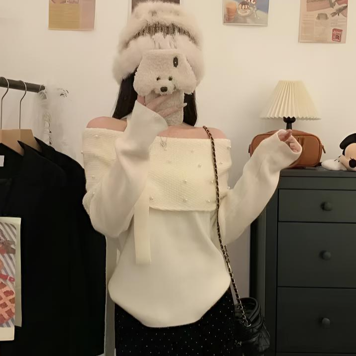 纯欲风一字肩飘带钉珠毛衣慵懒针织衫上衣显瘦气质长袖短款时尚