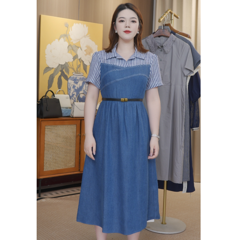 POLO领条纹拼接牛仔短袖连衣裙2025夏季新款优雅气质收腰A字裙