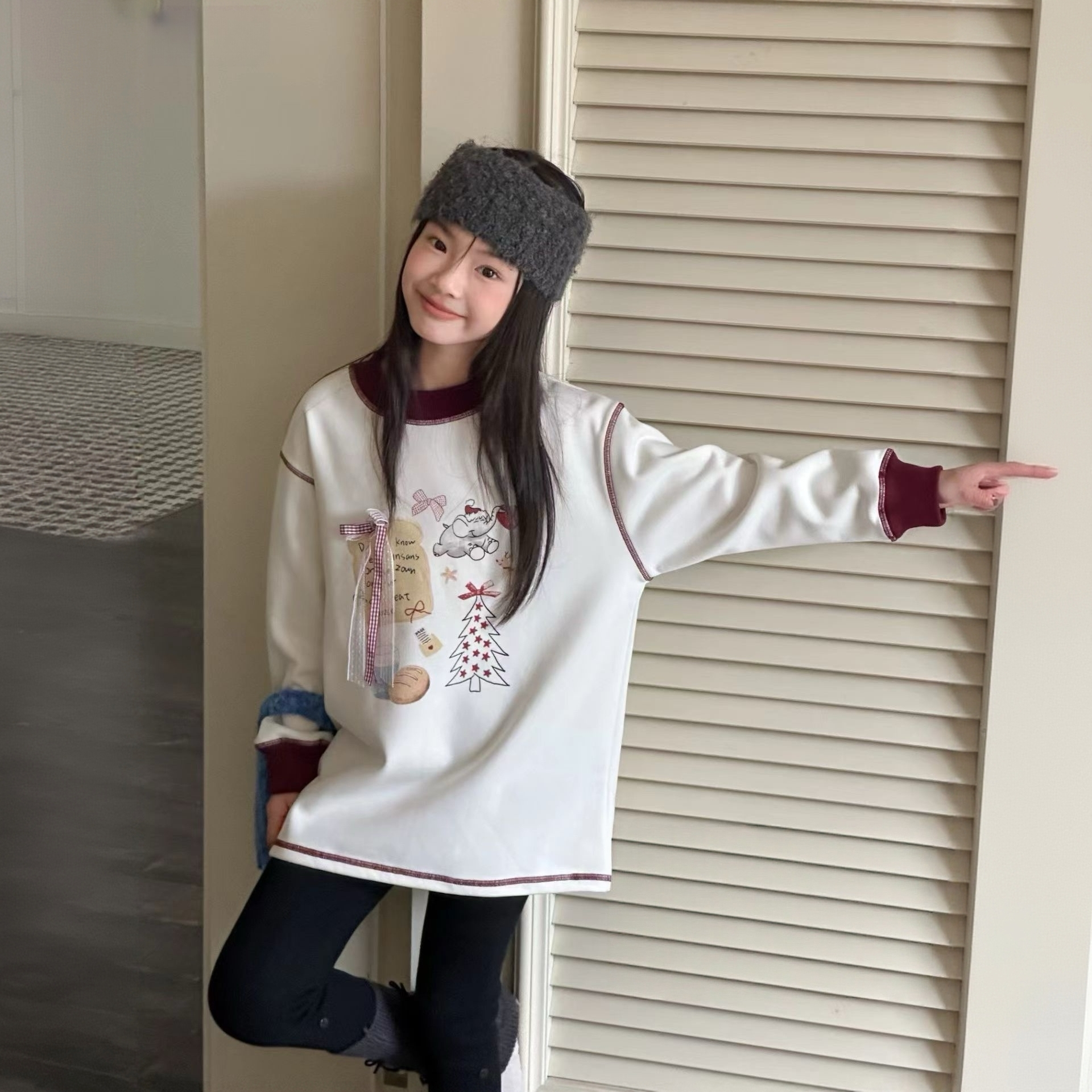 女童秋冬新品中大童韩版卡通小象印花蝴蝶结撞色加绒卫衣255047