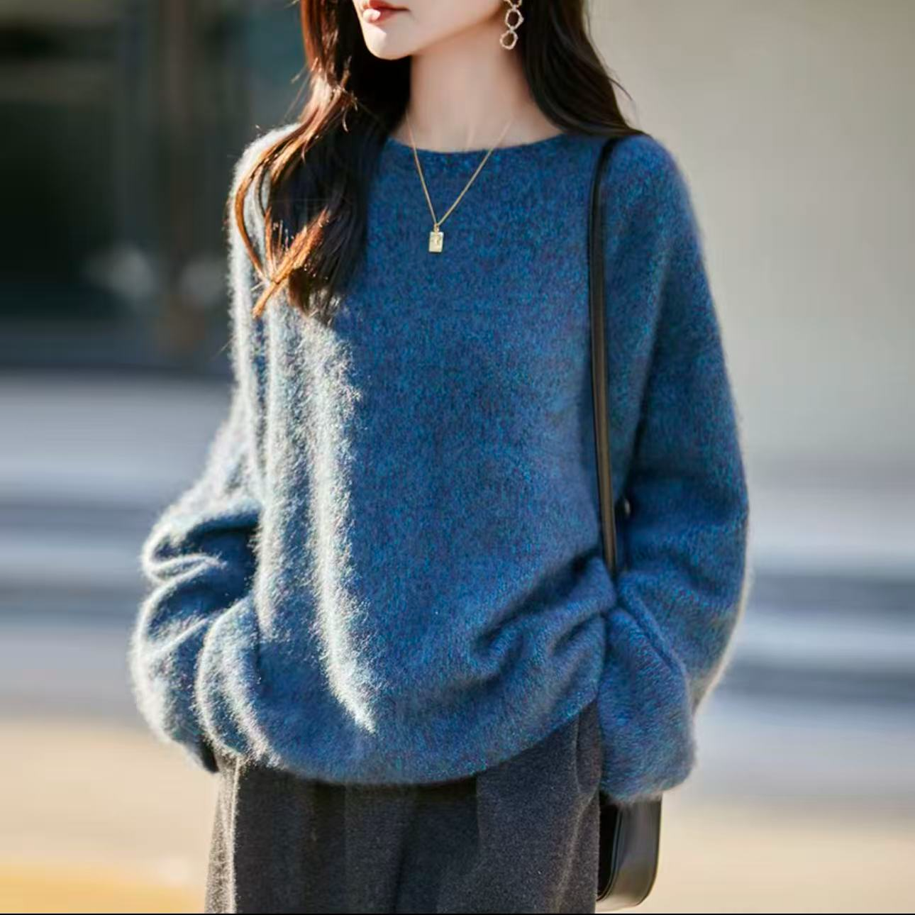 100%一线成衣羊绒羊毛圆领拉绒花纱加厚宽松毛衣