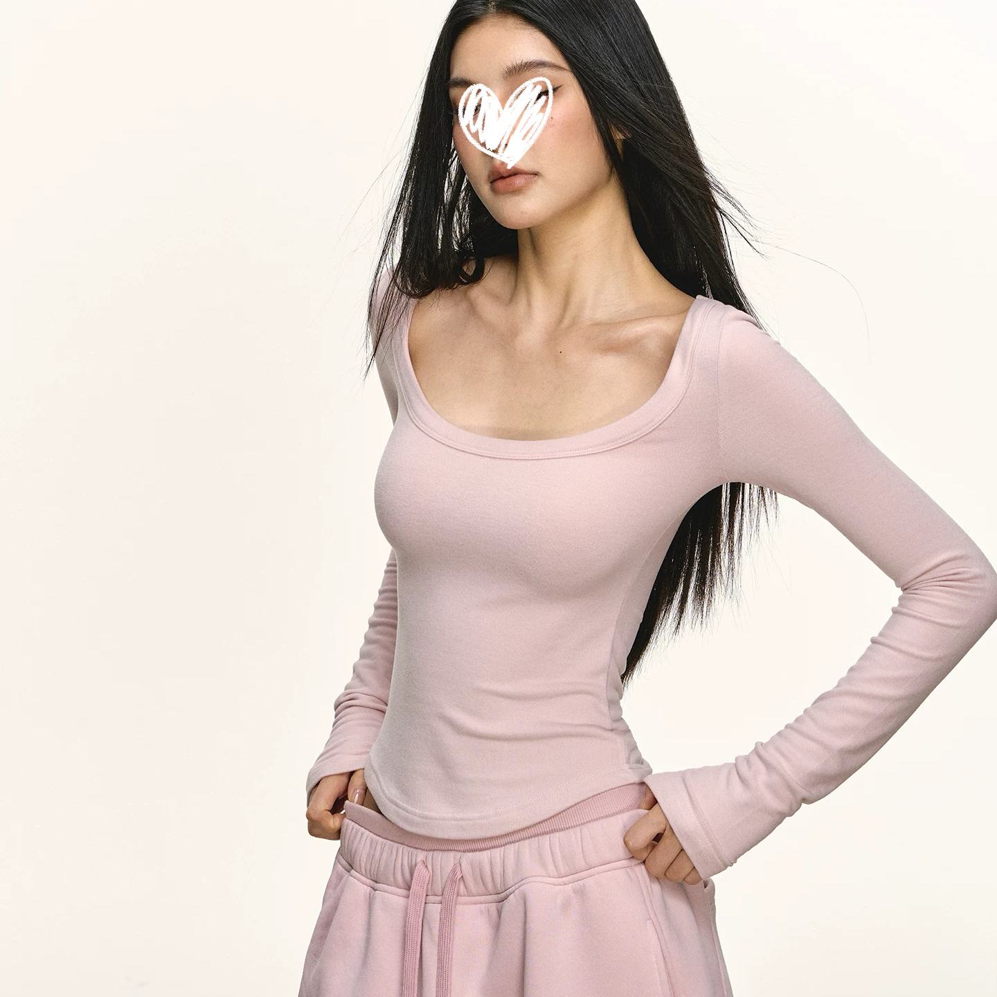 纯色修身正肩长袖t恤卫裤两件套装