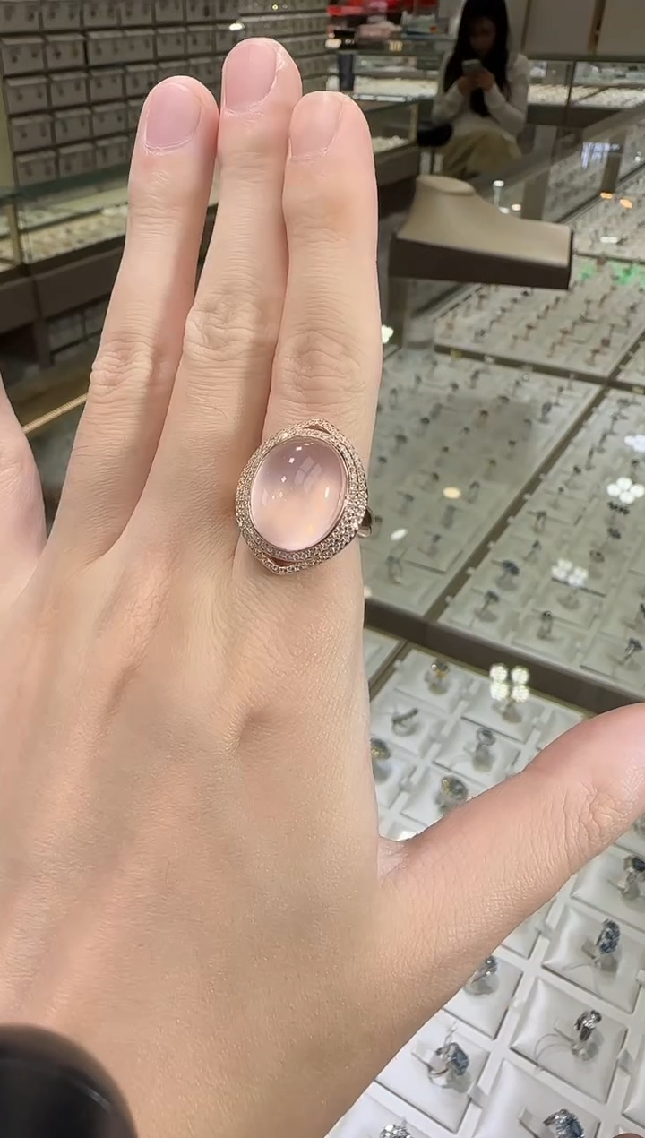 银S925镶嵌戒指芙蓉石12*16mm星光粉水晶