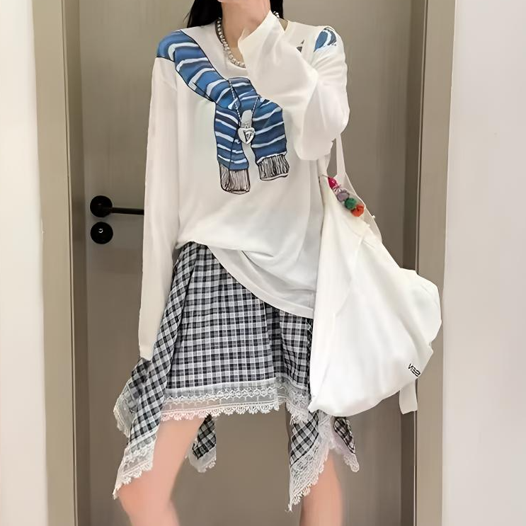 披肩印花白色上衣格子裙套装百搭薄款宽松拼接休闲长袖休闲服春秋