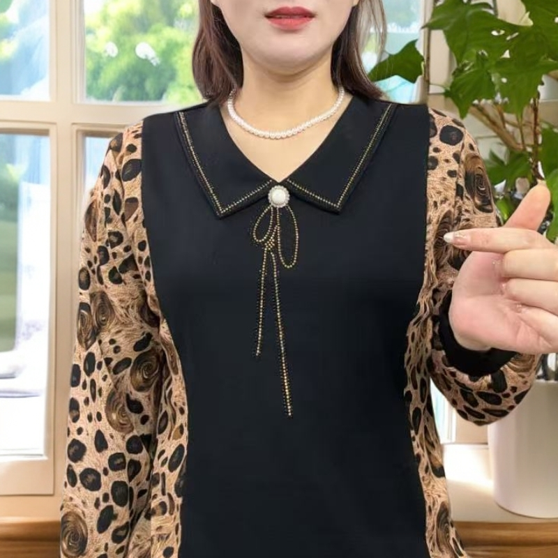 长袖极简风钉珠豹纹女装休闲网红翻领长袖