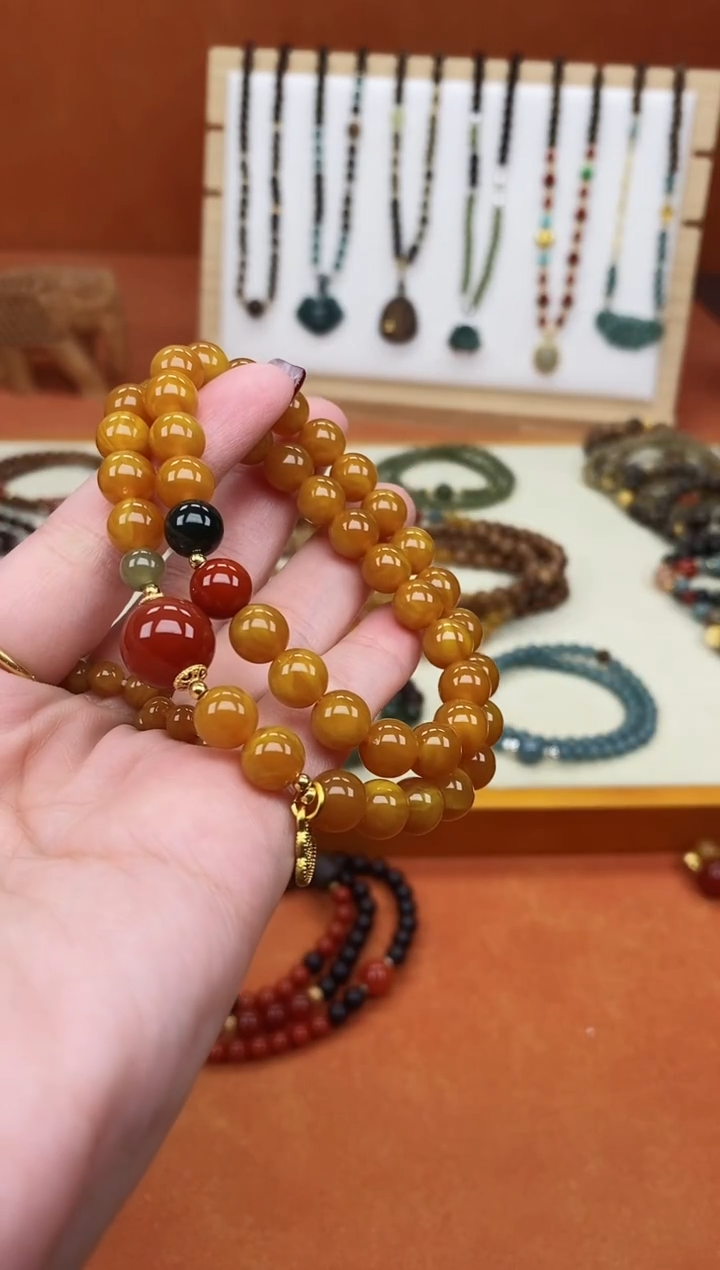 手链蜜蜡未镶嵌双圈蜜蜡和田南红手串