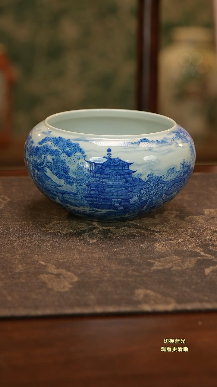 陶麦*手绘青花岳阳楼水洗