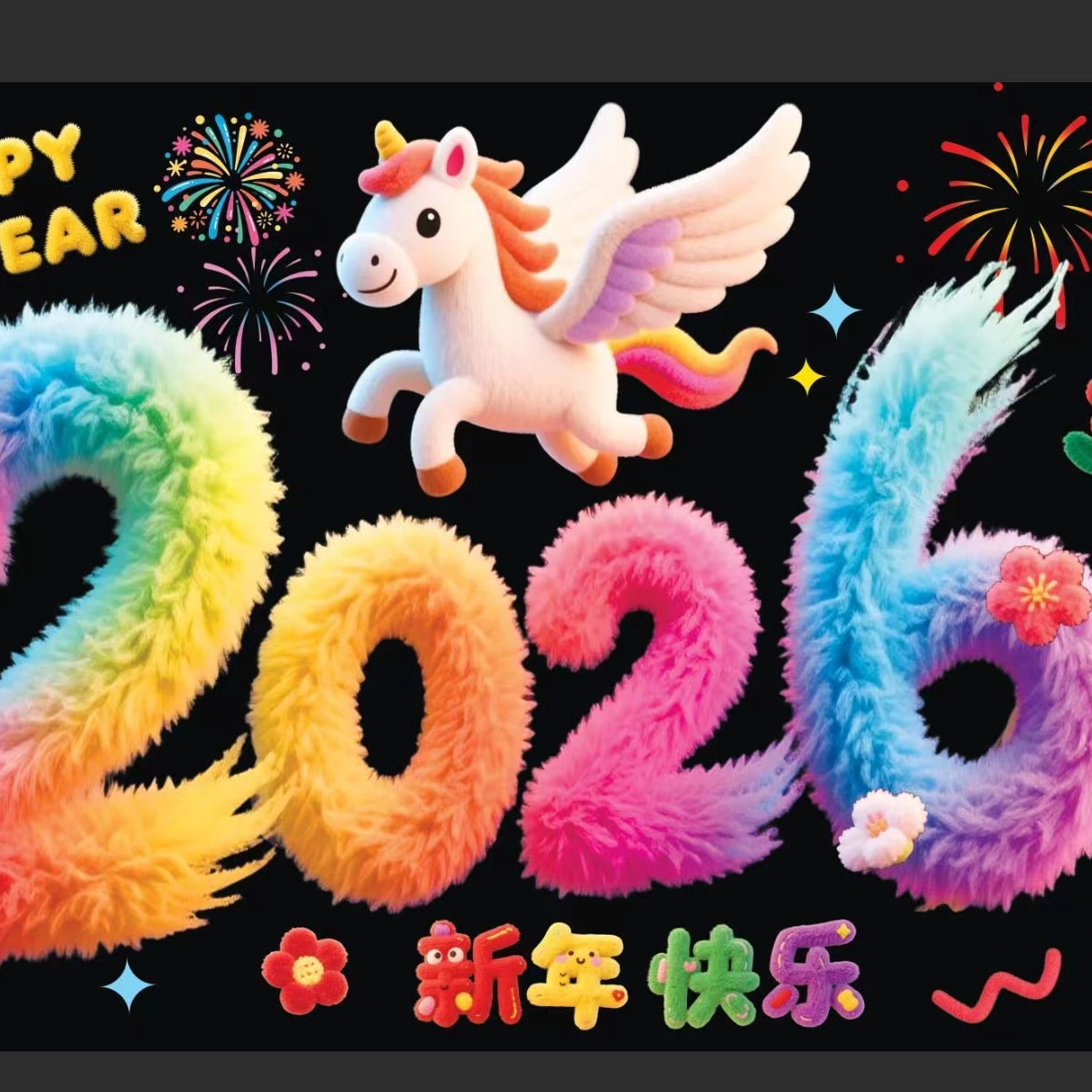 2026马年玻璃贴纸卡通毛绒可爱门窗贴马年新款窗花静电贴过年装饰