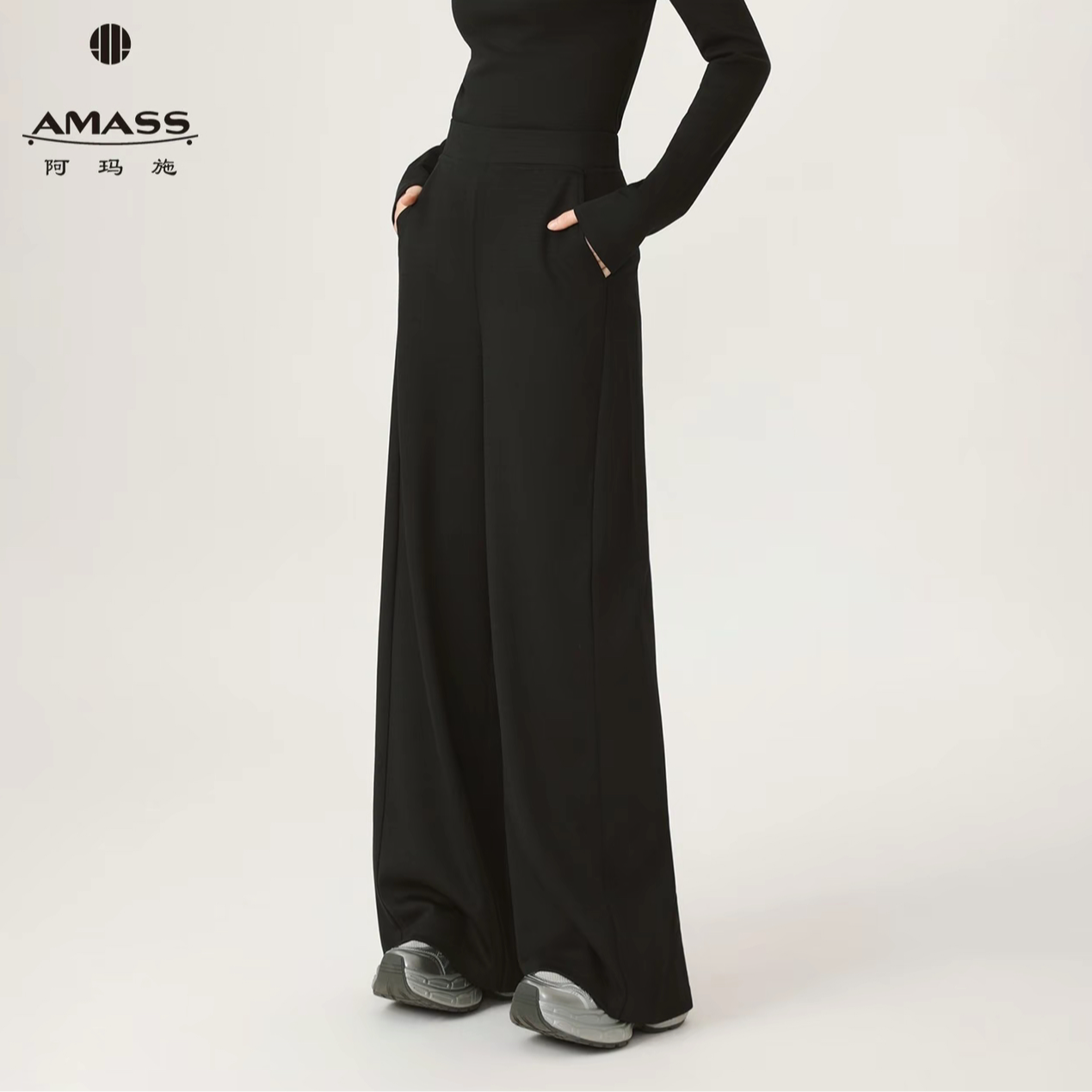 AMASS/阿玛施慵懒风直筒裤高腰女西装裤夏季百搭裤子黑色 510123