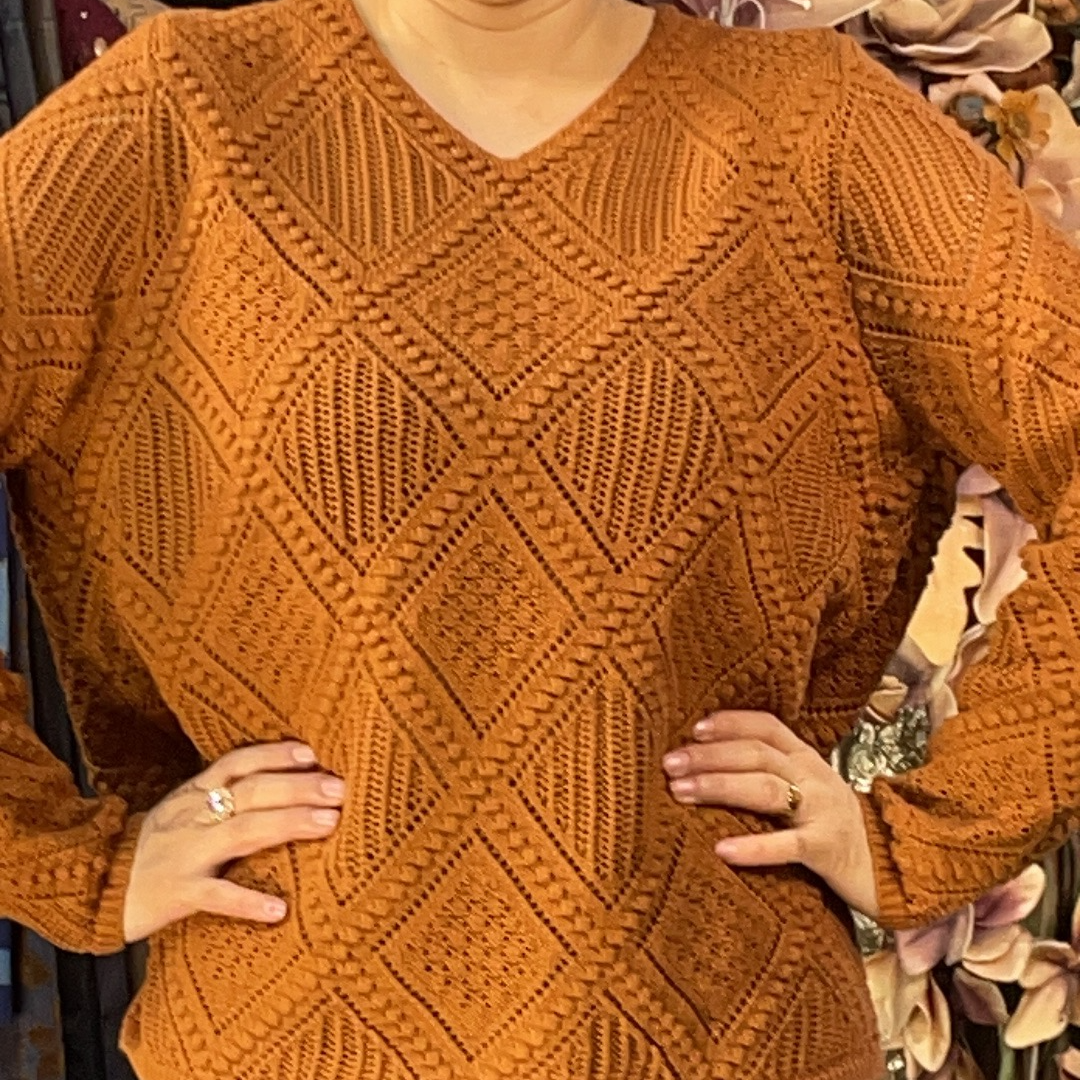 纯色针织女镂空V领拼接毛针织衫加厚秋冬百搭针织衫